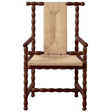 An armchair featuring a frame entirely constructed from bobbin-turned wood, finished in a dark brown hue. The seat and backrest are crafted from a tightly woven natural fiber, likely rush or a similar cord, in a light beige color. The backrest is angled for comfort, and the chair includes armrests with continued bobbin detailing. The legs and stretchers also feature the distinctive turned bobbin design. — 3D model