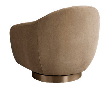 A barrel-shaped armchair with a swivel base. The chair features a fully upholstered body with a rounded backrest that curves into the armrests. A separate seat cushion provides comfort. The base is a circular, metallic swivel plate. — 3D model