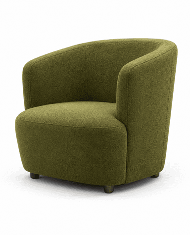 A compact, contemporary upholstered barrel-style chair in a muted olive green textured fabric, featuring a rounded backrest that seamlessly transitions into integrated armrests. The chair has a solid, fabric-covered base. — 3D model