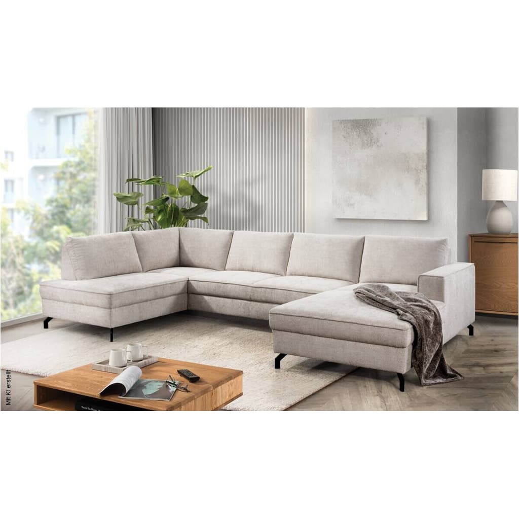 An L-shaped modern sectional sofa upholstered in a light beige fabric, featuring a chaise lounge extension, low profile design, and slender black metal legs. — 3D model