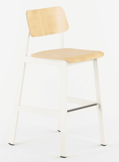 A modern bar stool featuring a white metal frame and light-toned wooden seat and backrest. It includes a footrest and exhibits a minimalist design. — 3D model