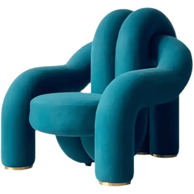 A distinctive armchair characterized by its voluminous, tubular design. The structure appears to be constructed from rounded, interconnected tubes forming the seat, backrest, and armrests, upholstered in a textured teal fabric. The base features four cylindrical legs with polished brass accents. — 3D model