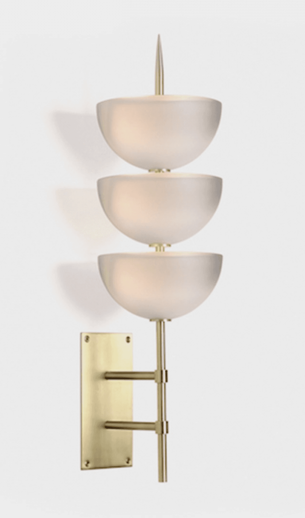 A stacked wall lamp featuring three frosted glass hemispherical shades mounted vertically on a brass-finished stem. The shades are progressively smaller towards the top, with the smallest shade topped by a pointed finial. The lamp mounts to a rectangular brass backplate on the wall. — 3D model