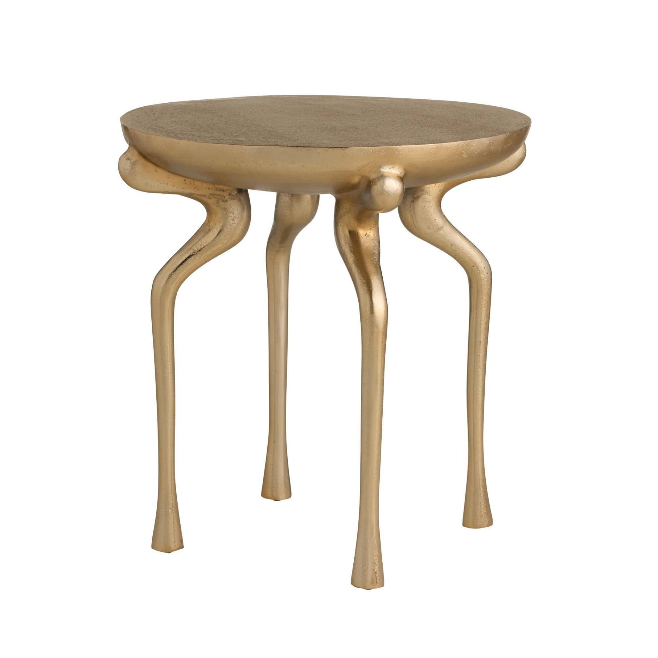 A round, gold-toned metal accent table featuring an organic, sculptural design. The table has a circular, slightly recessed top and is supported by several irregularly shaped legs that appear to emerge fluidly from beneath the tabletop, resembling tree roots or tentacles. The entire piece is finished in a distressed, matte gold color, giving it an antique or artisanal appearance. The base of the legs tapers slightly. — 3D model