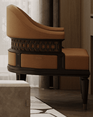 A sophisticated armchair featuring a curved barrel back and upholstered seat in a tan, possibly leather or faux leather, material. The frame is constructed from dark wood, showcasing intricate geometric fretwork along the back and armrests. The chair is supported by four tapered dark wood legs, each finished with a subtle brass or gold-toned metal cap. — 3D model