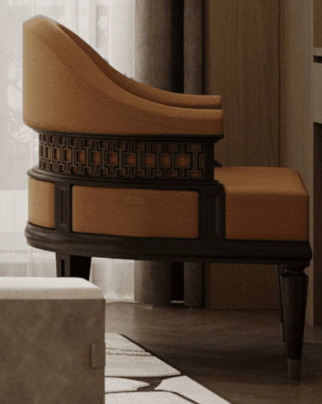 A sophisticated armchair featuring a curved barrel back and upholstered seat in a tan, possibly leather or faux leather, material. The frame is constructed from dark wood, showcasing intricate geometric fretwork along the back and armrests. The chair is supported by four tapered dark wood legs, each finished with a subtle brass or gold-toned metal cap. — 3D model