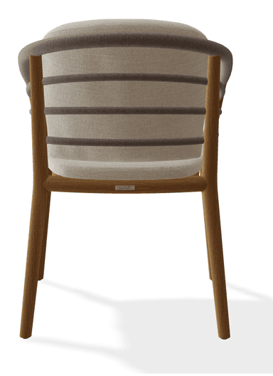 A contemporary armchair featuring a light-toned wooden frame, a padded seat cushion, and a separate back cushion, both upholstered in a light, off-white fabric. The back of the chair incorporates several horizontal gray rope or strap elements, providing a unique design detail. The armrests are integrated into the wooden frame, which shows a natural grain and a smooth finish. The chair stands on four straight, tapered wooden legs. — 3D model
