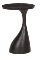 A dark, matte-finished end table with a circular top and a uniquely shaped, curving pedestal base. The base transitions from a narrow, hourglass-like middle to a wider, flared bottom section that supports the structure. — 3D model