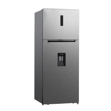 A modern, two-door refrigerator featuring a brushed stainless steel finish. The freezer compartment is located at the top, and the main refrigerator compartment is at the bottom. The lower door is equipped with an external water dispenser. Both doors have subtle, recessed integrated handles, contributing to a sleek, minimalist aesthetic. A small digital control panel is visible on the upper freezer door. — 3D model