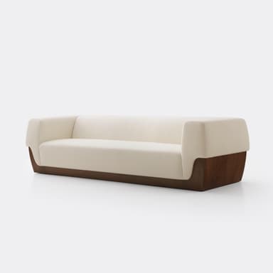 A close-up view of a segment of a modern sofa. The upholstery appears to be a textured fabric in an off-white or cream color. The base of the sofa is constructed from a dark wood, featuring a curved, minimalist design that supports the upholstered section. The contrast between the light fabric and the dark wood base is a prominent design feature. — 3D model
