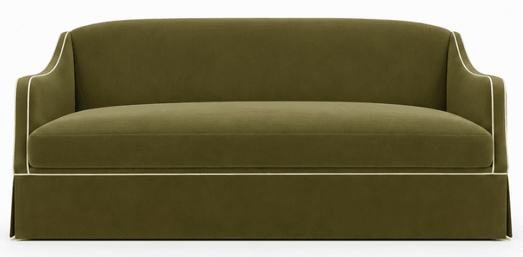 A two-seater loveseat upholstered in olive green velvet fabric, featuring a clean, tailored design with prominent white contrast piping along the edges of the arms, backrest, and seat cushion. The base is fully skirted, concealing the legs, and the arms have a gently curved track arm style. — 3D model