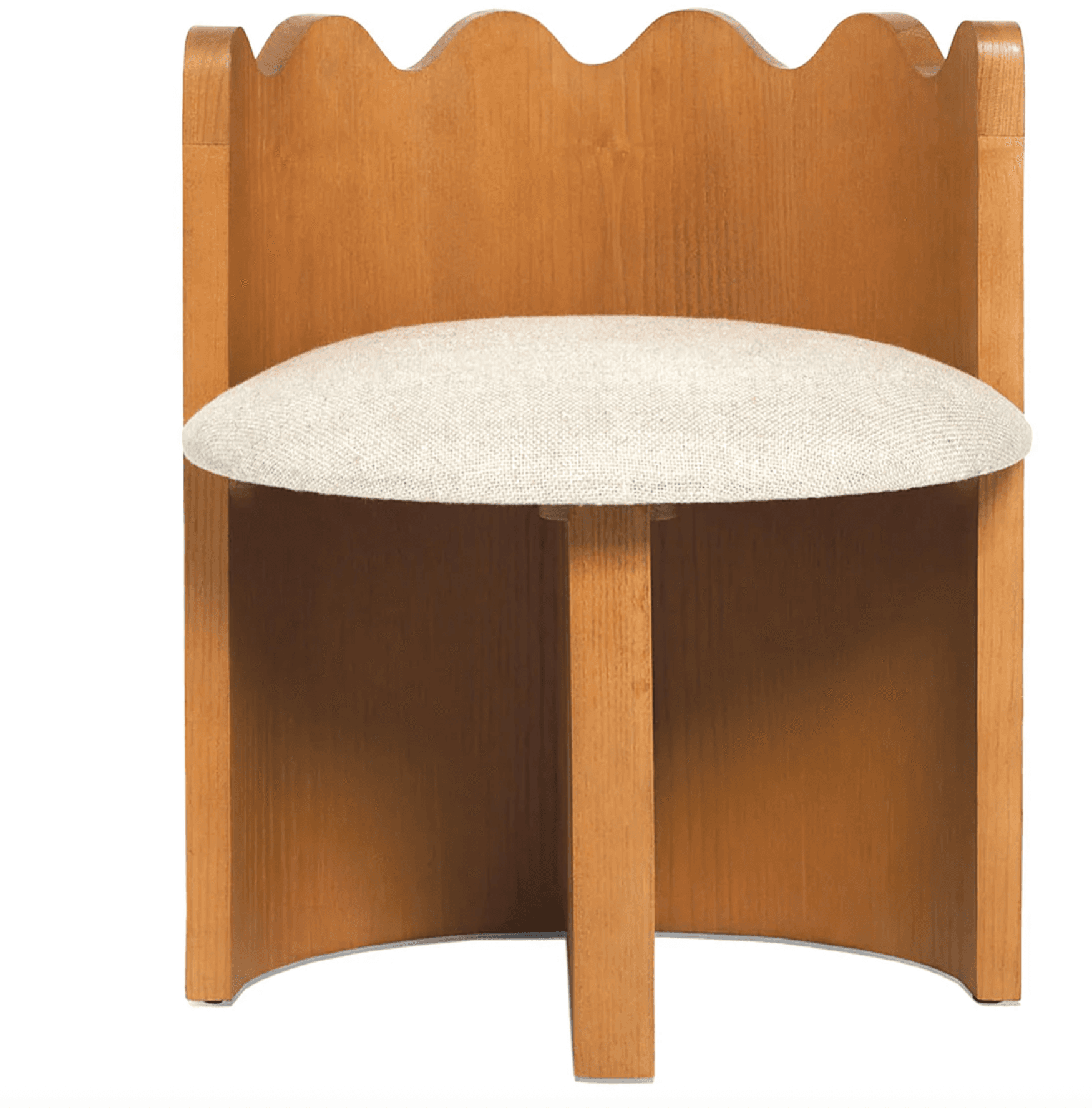 A wooden accent chair with a scalloped backrest and an upholstered seat. The chair features a curved wooden base and a single central support for the seat. The backrest has a distinctive wavy or scalloped top edge, and the side panels are also curved. — 3D model