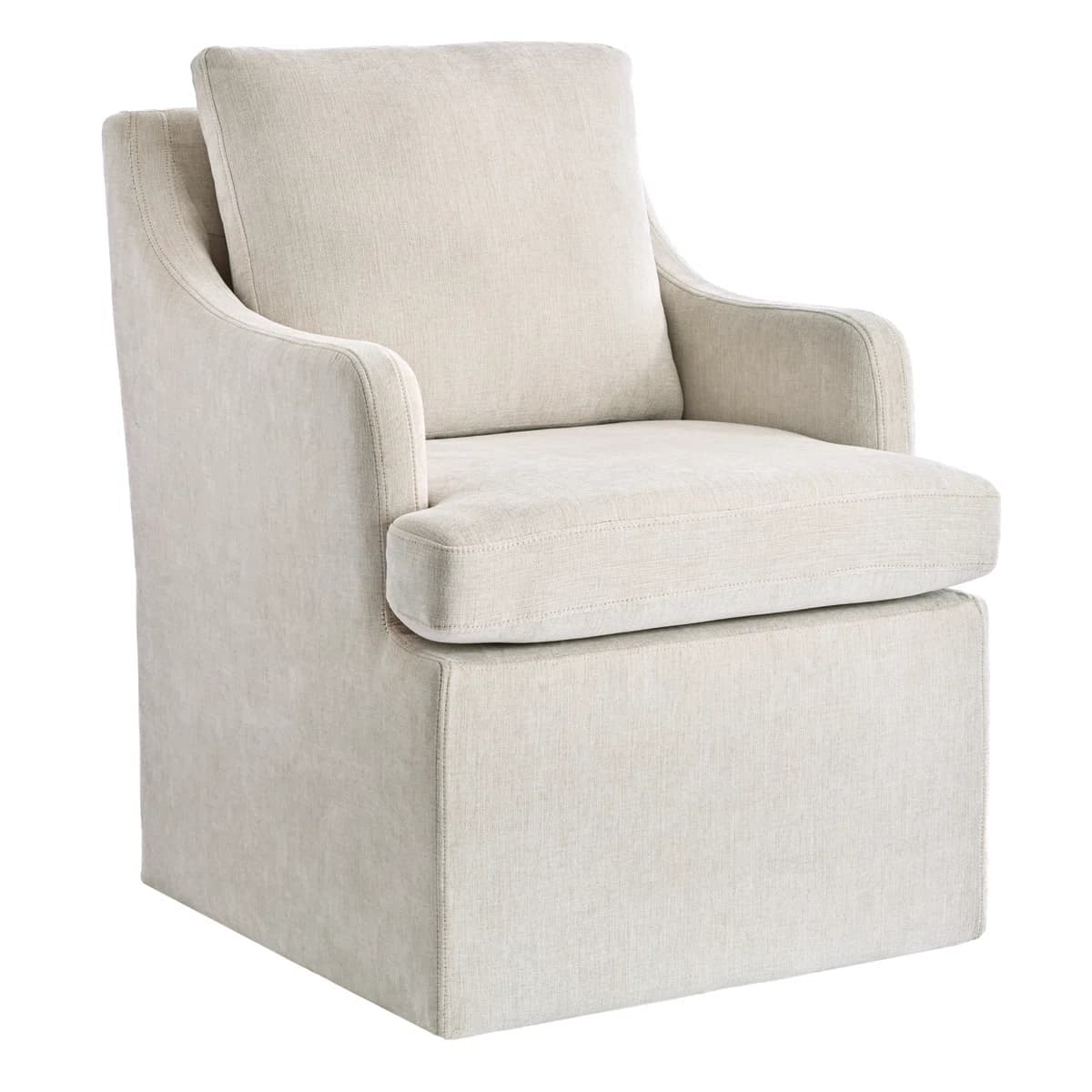 A comfortable armchair upholstered in a textured, light-colored fabric. It features a high back, integrated armrests that curve downwards, and a plush seat cushion. The base is a solid, skirted design. The armchair appears to be a swivel type due to the seamless rotation visible around the base. — 3D model