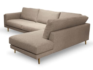 A sectional sofa with a light beige fabric upholstery and slender gold-toned legs. The sofa features a modular design with multiple seating sections, including a chaise lounge extension on the right. The back cushions are slightly curved, and the armrests are squared. The overall aesthetic is modern and minimalist. — 3D model