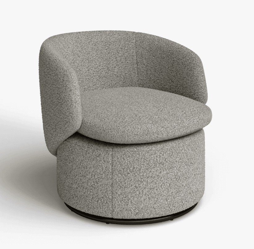 A modern armchair with a rounded back and seat, upholstered in a textured grey fabric. It features a cylindrical base that suggests it may be a swivel chair. — 3D model