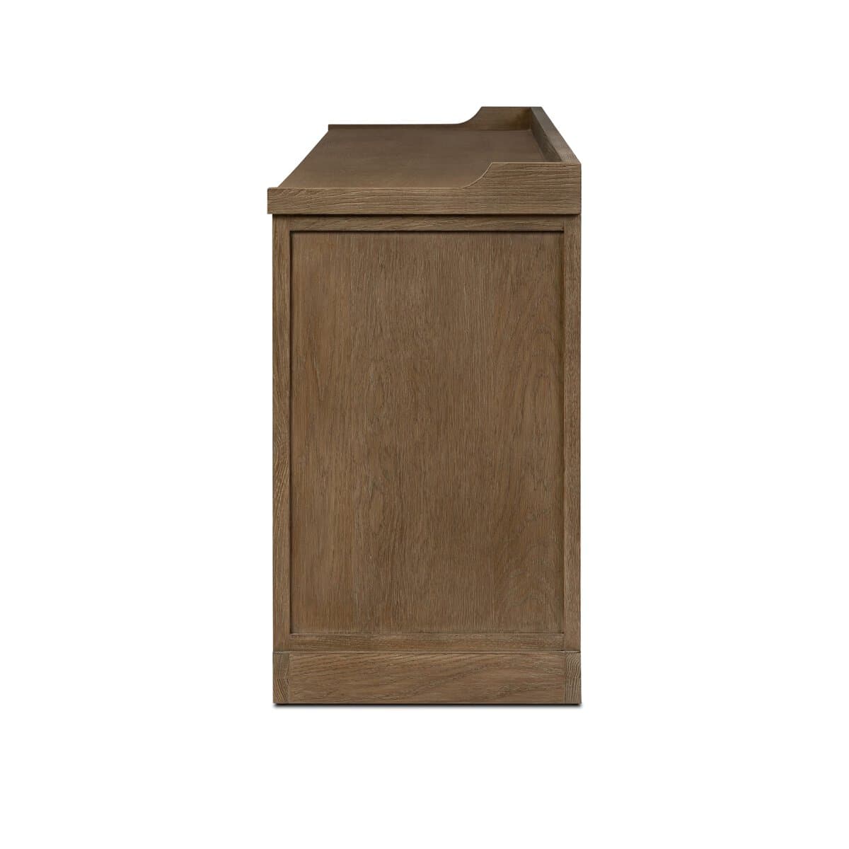 A side view of a modern wood dresser featuring a natural light brown finish, a framed side panel, and a distinctive lipped top surface. — 3D model