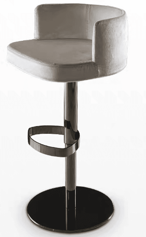 A contemporary bar stool featuring a comfortable upholstered seat with a low back and armrests, supported by a polished metal column and a circular base. It includes a semicircular footrest. — 3D model