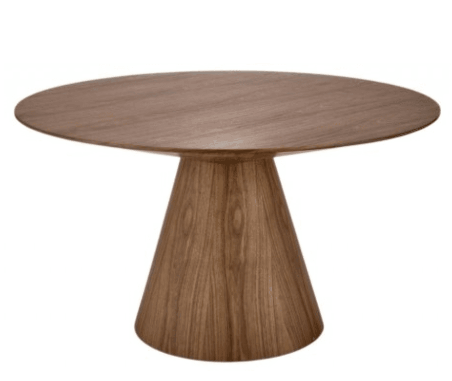A modern round dining table featuring a solid wooden top and a matching conical pedestal base, showcasing the natural grain of the wood. — 3D model