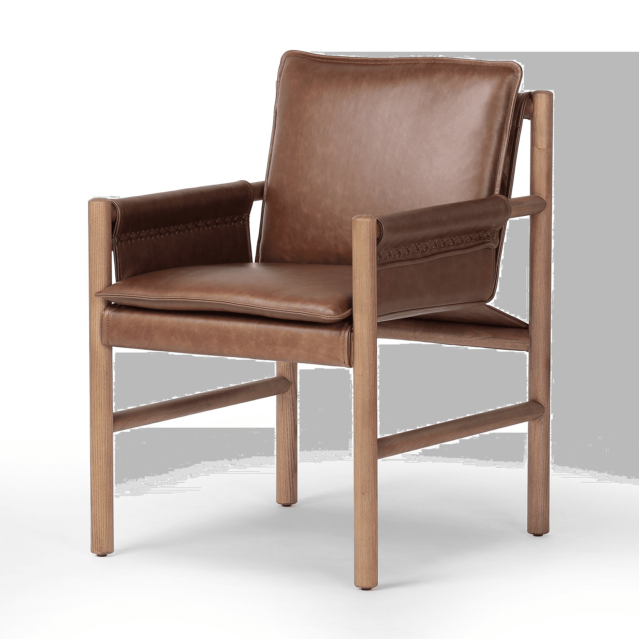 A contemporary armchair with a wooden frame and leather upholstery. The frame consists of four cylindrical legs connected by horizontal supports, forming a simple yet sturdy structure. The seat and backrest are upholstered in brown leather, with the armrests also featuring leather coverings with decorative stitching. The overall design suggests a blend of rustic and modern aesthetics. — 3D model
