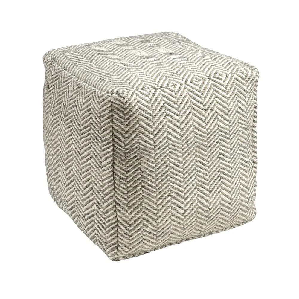A cube-shaped ottoman upholstered in a textured fabric featuring a herringbone and diamond pattern. The fabric is woven with threads of light gray and off-white, creating a distinct visual texture and pattern across all visible surfaces. The corners are neatly stitched, and the overall form is solid and compact. — 3D model