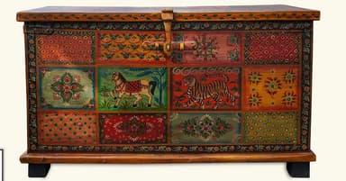 A rectangular wooden chest featuring an elaborate hand-painted design across its top and front surfaces. The painting consists of multiple square and rectangular panels, each with distinct colorful motifs including animals like tigers and horses, as well as floral and geometric patterns, arranged in a mosaic-like fashion. The side panels are left in a natural wood finish. The chest is equipped with a brass-toned latch on the front and sits on short, dark-colored feet. — 3D model