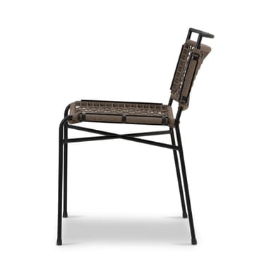 A modern dining chair with a black metal frame and woven rope seating and backrest. The chair has a minimalist design with thin legs and a rectangular back. The woven texture provides a tactile element to the otherwise sleek structure. — 3D model