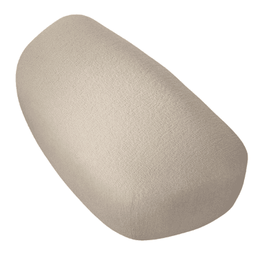 A contemporary, rounded ottoman upholstered in a light beige bouclé fabric. The piece features a soft, organic shape with no visible legs, creating a monolithic and comfortable appearance. Its textured surface adds visual interest and a cozy feel. — 3D model