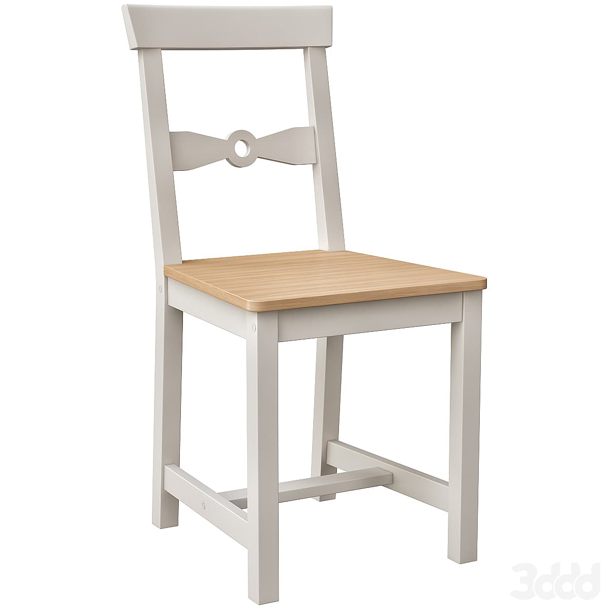 A two-tone dining chair featuring a light gray painted frame and a natural wood seat. The backrest has a decorative bow-shaped cut-out design. The chair has straight legs connected by stretchers for stability. — 3D model