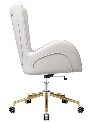 A white tufted desk chair with a high back and armrests, featuring a chrome and gold five-star base with casters. The seat and back are upholstered and appear to be button-tufted in a diamond pattern. It has a lever mechanism for height adjustment. — 3D model
