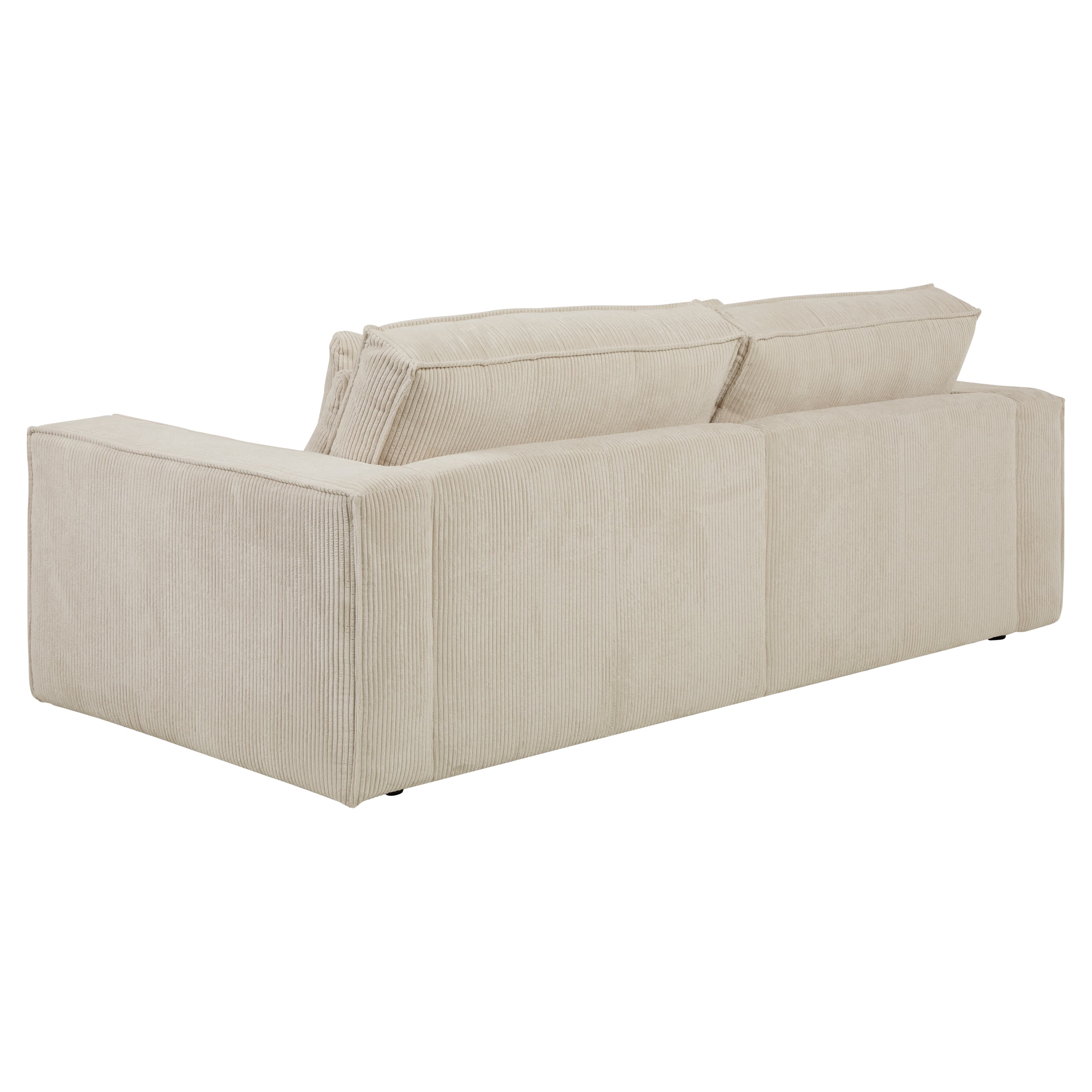 A contemporary three-seater sofa upholstered in a cream or beige corduroy fabric, featuring broad, plush cushions and block arms. The sofa has a minimalist design with visible seam piping. — 3D model
