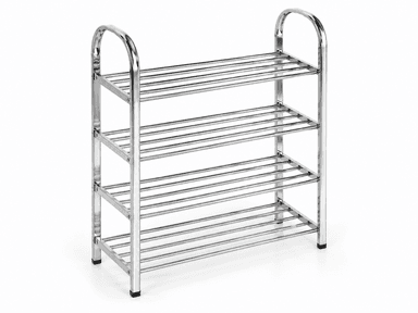 A modern, four-tier shoe rack constructed from chrome-plated metal, designed for organizing footwear in entryways, closets, or mudrooms. It features slatted shelves and integrated handles. — 3D model