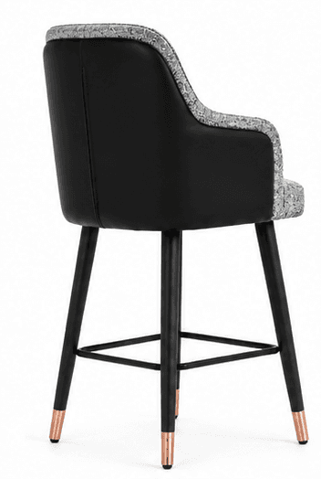 A tall, upholstered bar stool featuring a contoured seat and backrest with integrated armrests, covered in a gray and white patterned fabric. It stands on four tapered black legs with copper-finished feet and includes a black metal footrest. — 3D model