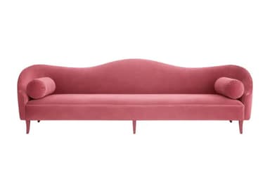 A pink velvet chaise lounge with a curved silhouette, featuring a low back that flows into an armrest on one side and a rounded bolster pillow at each end. It is supported by four slender, angled legs. — 3D model