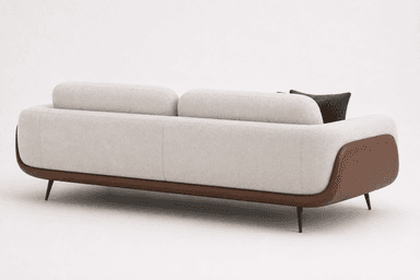 A modern two-seater sofa featuring a clean, minimalist design with a two-tone upholstery. The main body and back cushions are upholstered in a light, textured fabric, while the lower side panels and base are covered in a contrasting brown leather-like material. It has rounded armrests and sits on slender, tapered dark metal legs. — 3D model