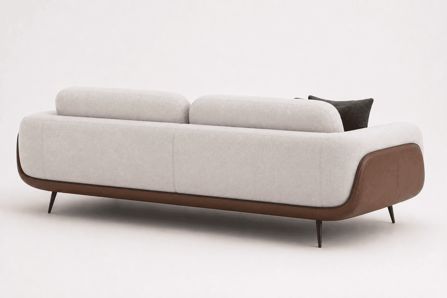 A modern two-seater sofa featuring a clean, minimalist design with a two-tone upholstery. The main body and back cushions are upholstered in a light, textured fabric, while the lower side panels and base are covered in a contrasting brown leather-like material. It has rounded armrests and sits on slender, tapered dark metal legs. — 3D model