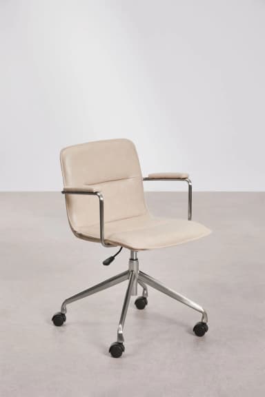 A modern office chair with a light beige upholstered seat and backrest, supported by a polished metal five-star base with casters. The chair features armrests with a similar metal frame and upholstered pads. A lever for height adjustment is visible beneath the seat. — 3D model