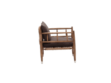 A wooden armchair with a woven seat and a fabric cushion and back pillow. The chair has a natural wood finish and a modern design with a slightly rustic appeal due to the woven elements. It features a slatted backrest and angled legs. — 3D model