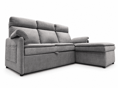 A contemporary gray upholstered sectional sofa featuring a chaise lounge extension with integrated storage. The sofa boasts plush, segmented back cushions, rolled armrests, and practical storage pockets on the side of the armrest. Its design suggests a focus on comfort and functionality. — 3D model