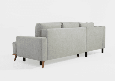 A light grey fabric sofa viewed from the rear and side. It features a three-seat configuration with distinct cushions visible at the top. The sofa has a modern design with clean lines, square arms, and is supported by a combination of dark and wooden tapered legs. The fabric appears to be a textured weave. — 3D model