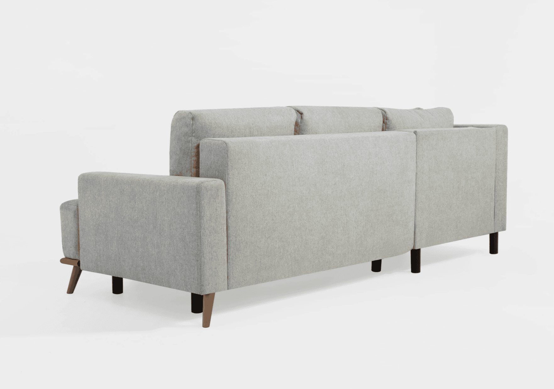 A light grey fabric sofa viewed from the rear and side. It features a three-seat configuration with distinct cushions visible at the top. The sofa has a modern design with clean lines, square arms, and is supported by a combination of dark and wooden tapered legs. The fabric appears to be a textured weave. — 3D model