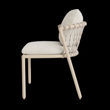 A contemporary armchair featuring a light beige powder-coated metal frame, a distinctive woven beige rope backrest, and two thick, light cream-colored upholstered cushions for the seat and back. — 3D model