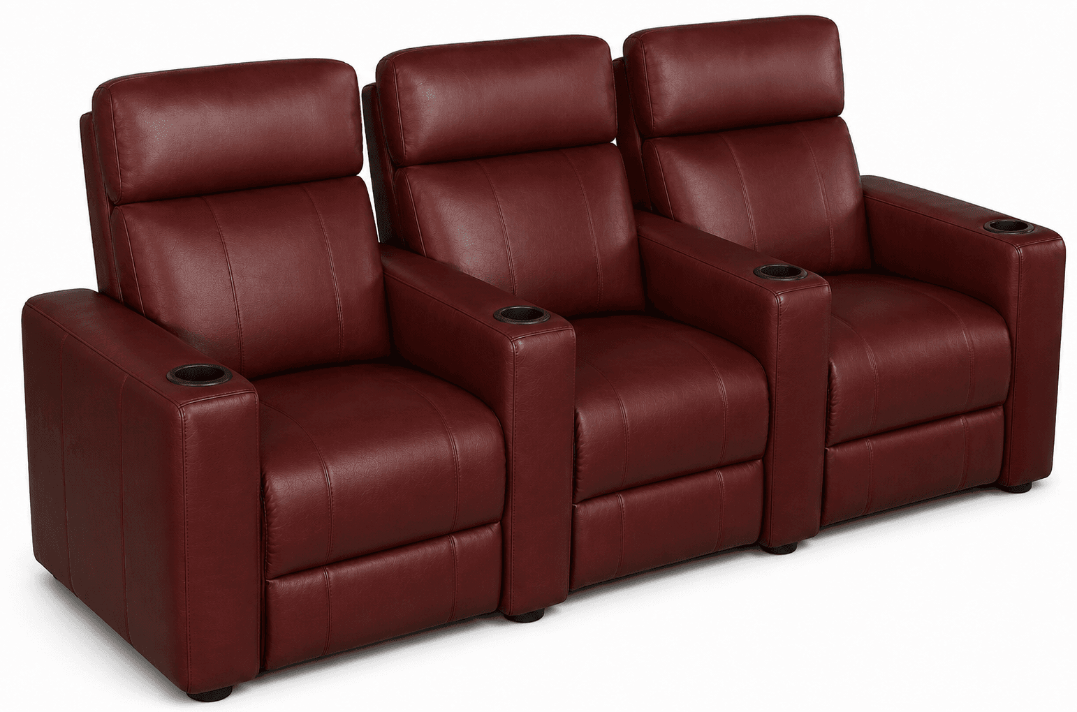 A three-seat reclining sofa upholstered in a rich burgundy leather or leatherette, featuring integrated cupholders in each armrest. Each seat appears to be independently reclinable, designed for comfort in a home theater or media room setting. The sofa has padded headrests and generously proportioned armrests. — 3D model