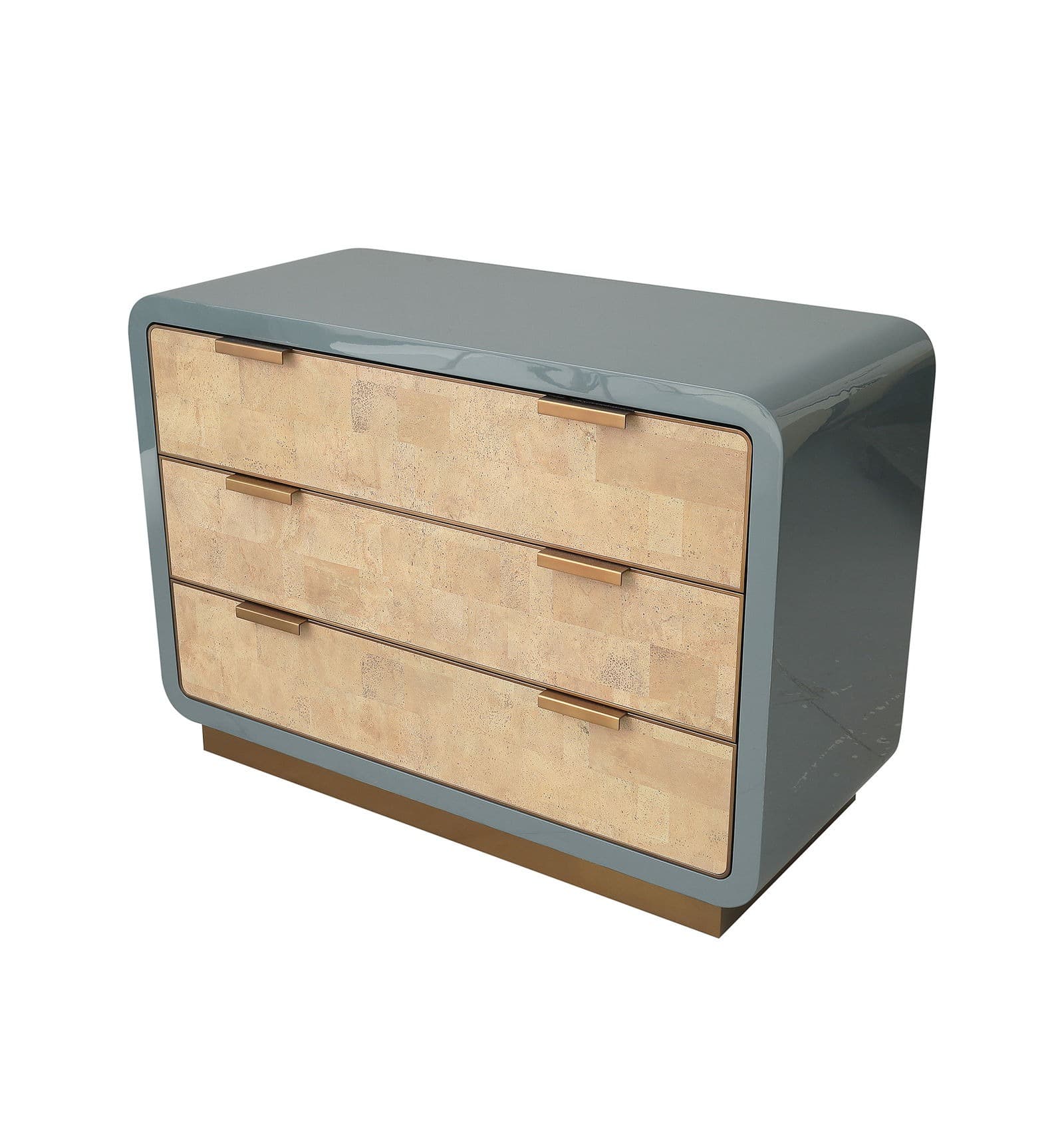 A modern chest of drawers featuring a rounded, glossy gray exterior frame. The front of the chest is composed of three drawers, each with a natural, textured surface resembling cork or a similar organic material, arranged in a mosaic-like pattern. The drawers are fitted with sleek, rectangular brass-toned handles. The piece rests on a thin, recessed metallic base. — 3D model