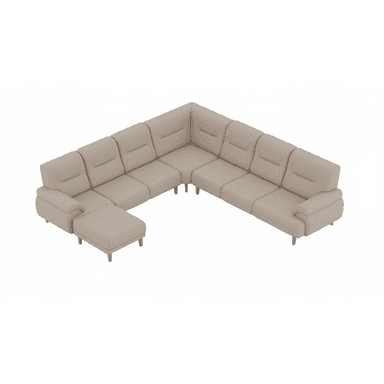 A large L-shaped modular sectional sofa in a light beige fabric, featuring plush upholstered cushions and backrests with horizontal stitch detailing. The sofa is composed of multiple individual units, including a corner piece, armless sections, and an end piece with an armrest. It is supported by short, tapered wooden legs. An accompanying rectangular ottoman matches the sofa's upholstery and leg design. — 3D model