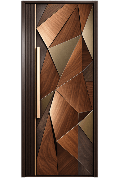 A sophisticated entry door featuring an intricate geometric pattern crafted from various shades of wood veneer and metallic brass-toned inlays. It includes a vertical fluted side panel and a long, rectangular brass bar handle, all set within a dark, solid frame. — 3D model