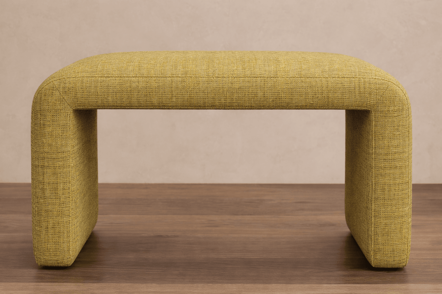 A rounded, U-shaped bench upholstered in a textured yellow fabric. The design is minimalist and contemporary, with seamless curves forming the structure. — 3D model