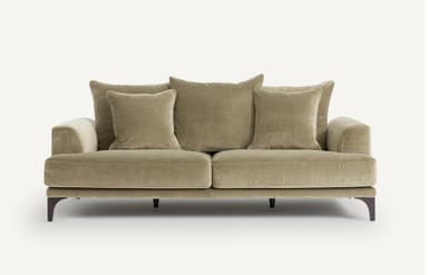 A contemporary sofa with a plush, upholstered finish. It features a three-seat configuration with deep cushions and multiple throw pillows for added comfort. The sofa is supported by dark, tapered legs, suggesting a modern or mid-century modern aesthetic. The upholstery appears to have a soft texture, possibly velvet or a similar fabric. — 3D model