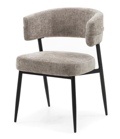 An upholstered dining armchair featuring a contemporary design. It has a rounded, curved backrest that seamlessly transitions into integrated armrests. The entire seat and back are covered in a light beige or greige textured fabric. The chair is supported by four slender, tapered black metal legs, giving it a modern and minimalist appearance. The proportions suggest suitability for dining or as an accent piece. — 3D model
