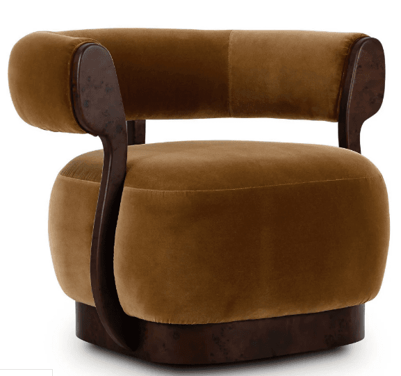An Art Deco style barrel armchair upholstered in plush brown velvet with a dark, possibly burl wood, veneer frame. The chair features a curved back and integrated arms, all padded and upholstered. The wooden frame provides structural support, flowing from the base up to encompass the back and arms. The seat cushion is thick and round, resting on a sturdy, rounded wooden base. — 3D model