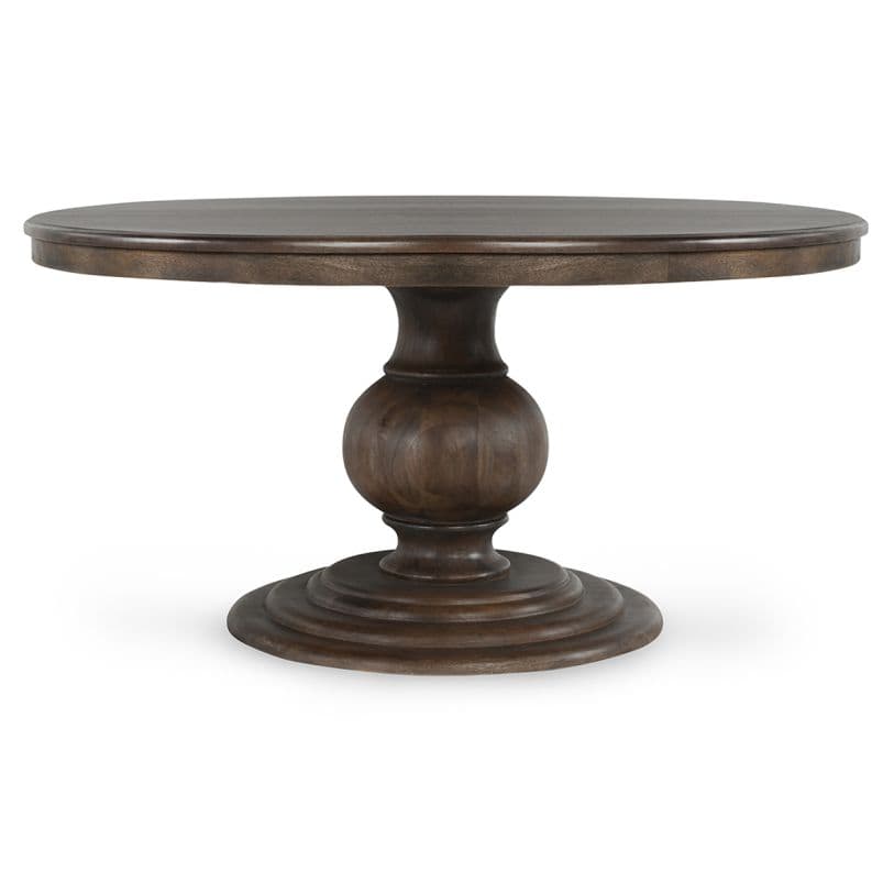 A dark-stained round wooden dining table featuring a prominent, intricately turned pedestal base. The tabletop is substantial, and the base transitions from a bulbous central element to a wide, tiered circular foot. Visible wood grain enhances its natural aesthetic. — 3D model